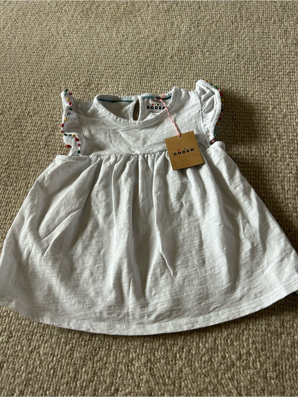 Boden White Cotton Dress with Rainbow Trim Flutter Sleeves